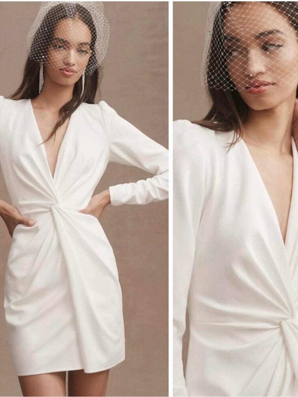 Tadashi Shoji Ivory Twist-Front Long Sleeve Mini Dress